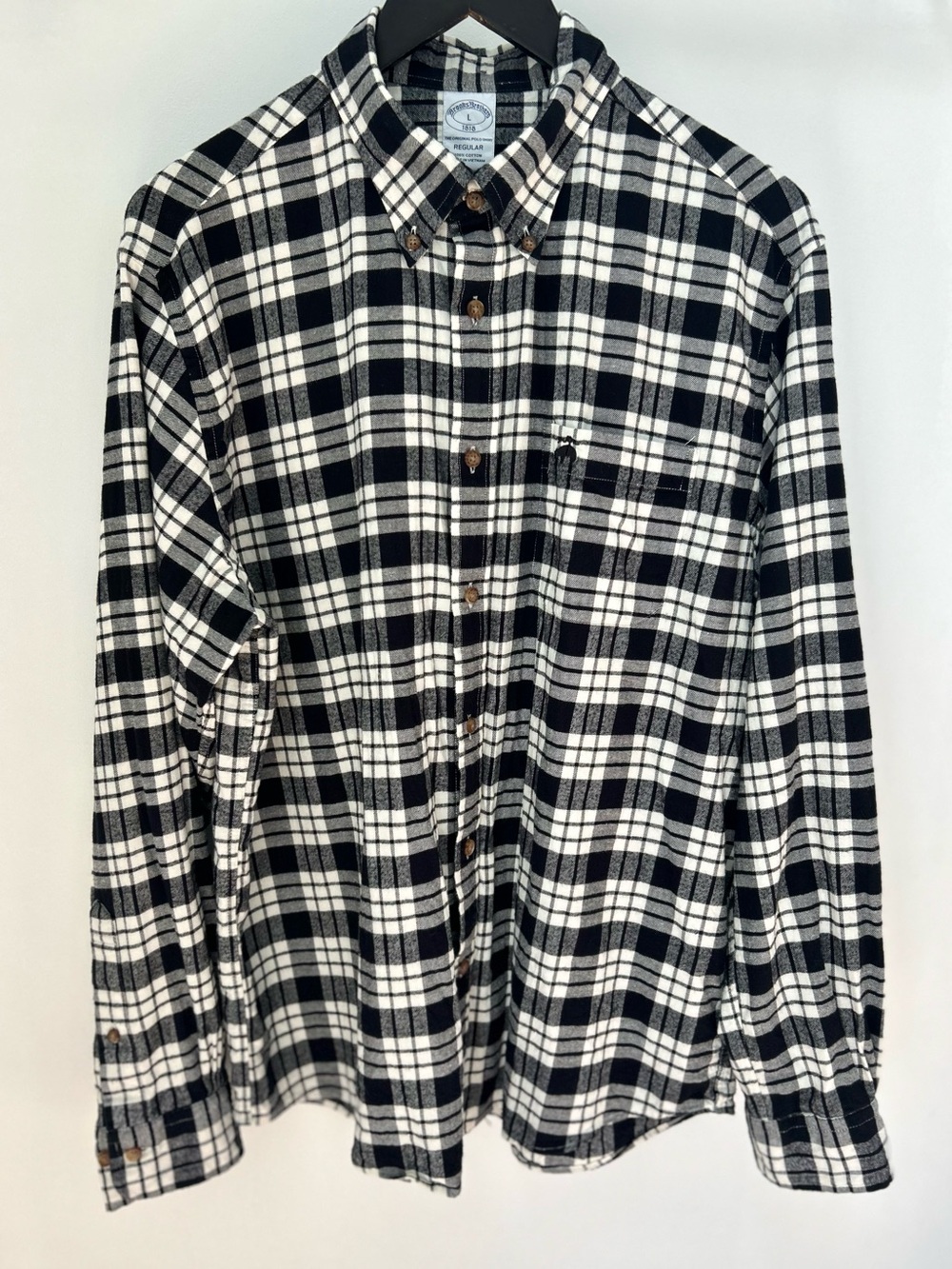 Brooks Brothers 1818 Plaid Flannel Shirt Men’s L Black White 100% Cotton